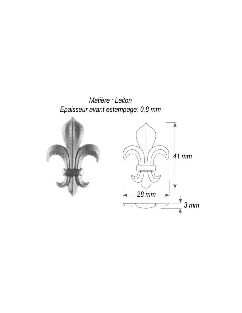 pièce élément ferronnier serrurier Fleur de Lys 28 x 3 Hauteur 41 LAITON Ref: GFL041F1