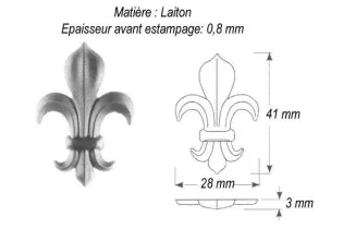 pièce élément ferronnier serrurier Fleur de Lys 28 x 3 Hauteur 41 LAITON Ref: GFL041F1