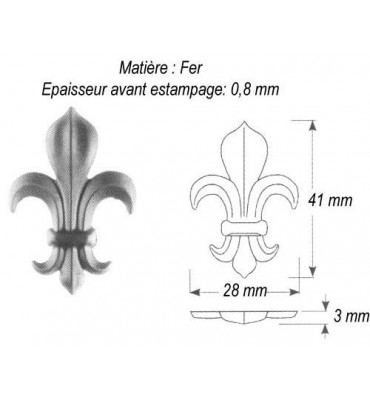 pièce élément ferronnier serrurier Fleur de Lys 28 x 3 Hauteur 41 ACIER Ref: GFL041F2