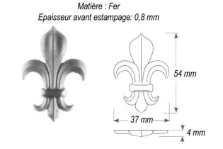 pièce élément ferronnier serrurier Fleur de Lys 37 x 4 Hauteur 54 ACIER Ref: GFL054F2