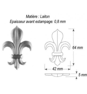 pièce élément ferronnier serrurier Fleur de Lys 42 x 5 Hauteur 64 LAITON Ref: GFL064F1