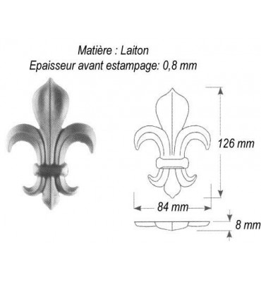 pièce élément ferronnier serrurier Fleur de Lys 85 x 8 Hauteur 126 LAITON Ref: GFL126F1
