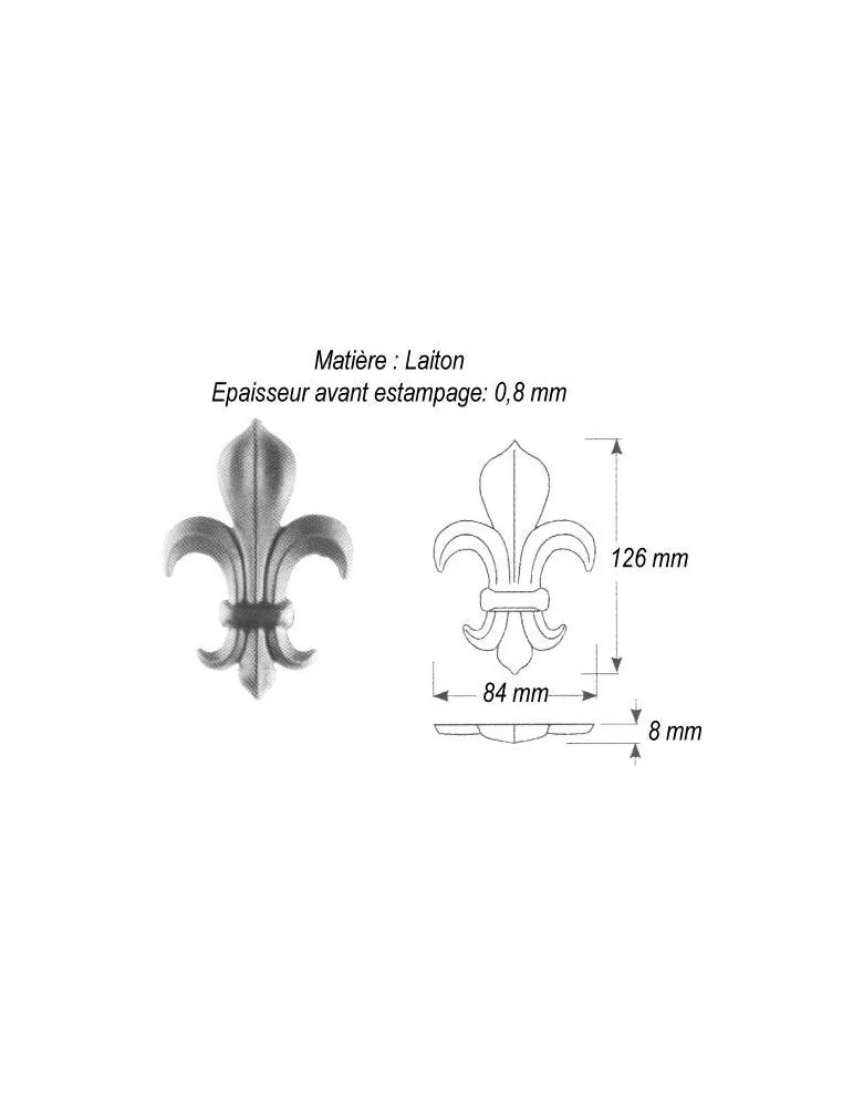 pièce élément ferronnier serrurier Fleur de Lys 85 x 8 Hauteur 126 LAITON Ref: GFL126F1