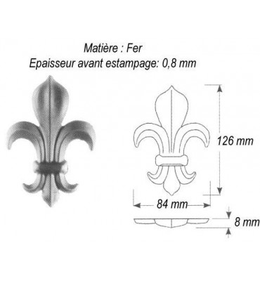 pièce élément ferronnier serrurier Fleur de Lys 85 x 8 Hauteur 126 ACIER Ref: GFL126F2