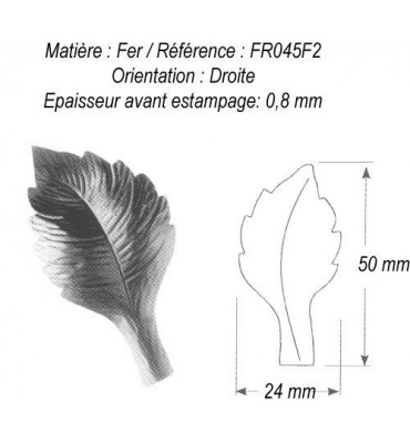 pièce élément ferronnier serrurier Feuille de Rosier Gravure droite 50 x 24 ACIER Ref: GFR045F2