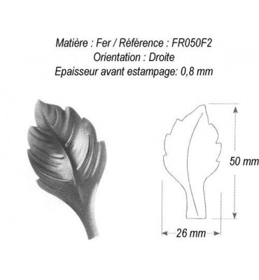 pièce élément ferronnier serrurier Feuille de Rosier Gravure droite 50 x 26 ACIER Ref: GFR050F2