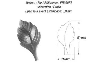 pièce élément ferronnier serrurier Feuille de Rosier Gravure droite 50 x 26 ACIER Ref: GFR050F2