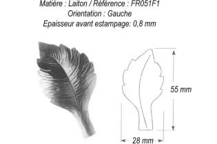 pièce élément ferronnier serrurier Feuille de Rosier Gravure gauche 55 x 28 LAITON Ref: GFR051F1