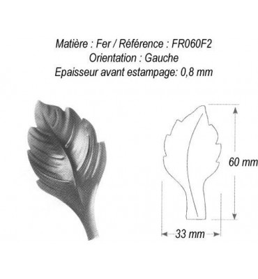 pièce élément ferronnier serrurier Feuille de Rosier Gravure gauche 60 x 33 ACIER Ref: GFR060F2