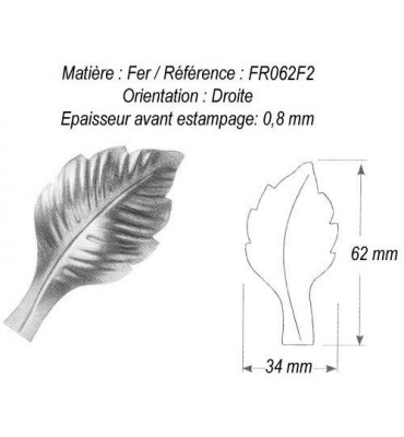 pièce élément ferronnier serrurier Feuille de Rosier Gravure droite 62 x 34 ACIER Ref: GFR062F2