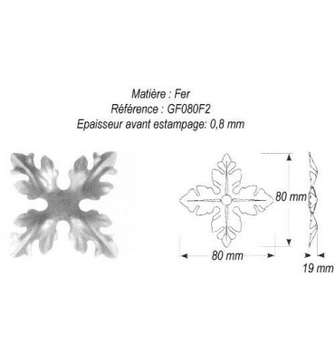 pièce élément ferronnier serrurier Rosace culot façon acanthe 4 branches 80 x 80 Hauteur 19 ACIER Ref: GGF080F2
