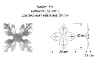 pièce élément ferronnier serrurier Rosace culot façon acanthe 4 branches 80 x 80 Hauteur 19 ACIER Ref: GGF080F2