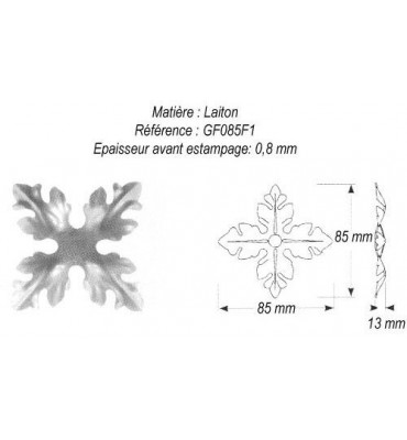 pièce élément ferronnier serrurier Rosace culot façon acanthe 4 branches 85 x 85 Hauteur 13 LAITON Ref: GGF085F1