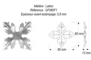 pièce élément ferronnier serrurier Rosace culot façon acanthe 4 branches 85 x 85 Hauteur 13 LAITON Ref: GGF085F1