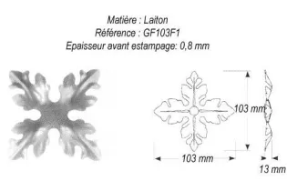 pièce élément ferronnier serrurier Rosace culot façon acanthe 4 branches 103 x 103 LAITON Ref: GGF103F1