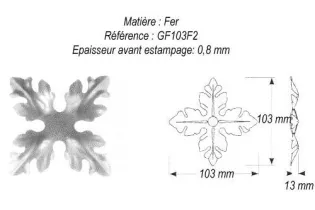 pièce élément ferronnier serrurier Rosace culot façon acanthe 4 branches 103 x 103 ACIER Ref: GGF103F2
