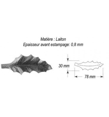 pièce élément ferronnier serrurier Feuille de Houx 78 x 30 LAITON Ref: GHO078F1