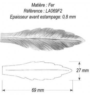 pièce élément ferronnier serrurier Feuille de Laurier 69 x 27 ACIER Ref: GLA069F2