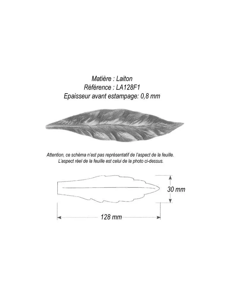 pièce élément ferronnier serrurier Feuille de Laurier 128 x 30 LAITON Ref: GLA128F1