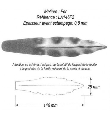 pièce élément ferronnier serrurier Feuille de Laurier 146 x 28 ACIER Ref: GLA146F2