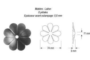 pièce élément ferronnier serrurier Rosace 74 x 74 Hauteur 9 Diamètre 11 LAITON Ref: GRB074F1