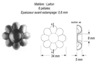pièce élément ferronnier serrurier Rosace 34 x 34 Hauteur 5 Diamètre 8 LAITON Ref: GRD034F1
