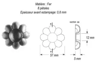 pièce élément ferronnier serrurier Rosace 57 x 57 Hauteur 5 Diamètre 12 ACIER Ref: GRD057F2