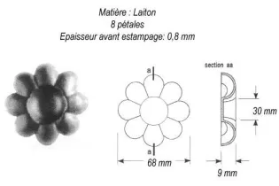 pièce élément ferronnier serrurier Rosace 68 x 68 Hauteur 9 Diamètre 30 LAITON Ref: GRD068F1