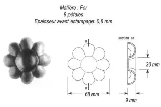 pièce élément ferronnier serrurier Rosace 68 x 68 Hauteur 9 Diamètre 30 ACIER Ref: GRD068F2