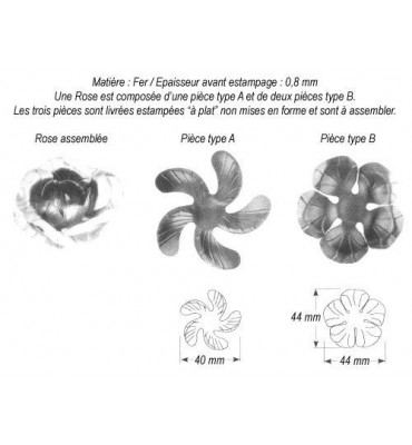 pièce élément ferronnier serrurier Fleur de Rose 44 x 44 ACIER Ref: GRO044F2