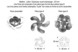 pièce élément ferronnier serrurier Fleur de Rose 65 x 65 LAITON Ref: GRO065F1