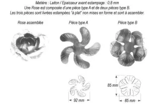 pièce élément ferronnier serrurier Fleur de Rose 85 x 85 LAITON Ref: GRO085F1