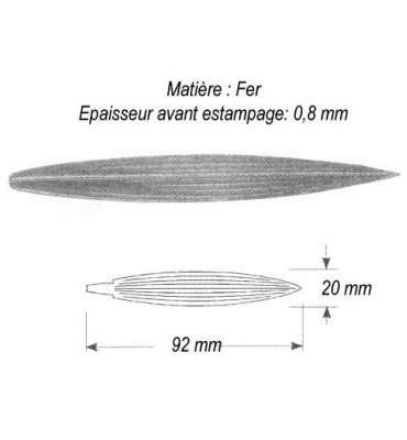 pièce élément ferronnier serrurier Feuille de roseau 92 x 20 ACIER Ref: GRX092F2