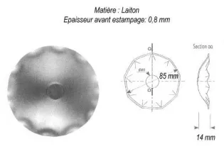 pièce élément ferronnier serrurier Etrusque bord ondulé Hauteur 14 Diamètre 85 LAITON Ref: GT6085F1