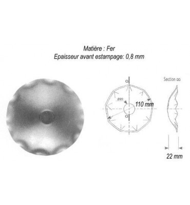 pièce élément ferronnier serrurier Etrusque bord ondulé Hauteur 22 Diamètre 110 ACIER Ref: GT6110F2