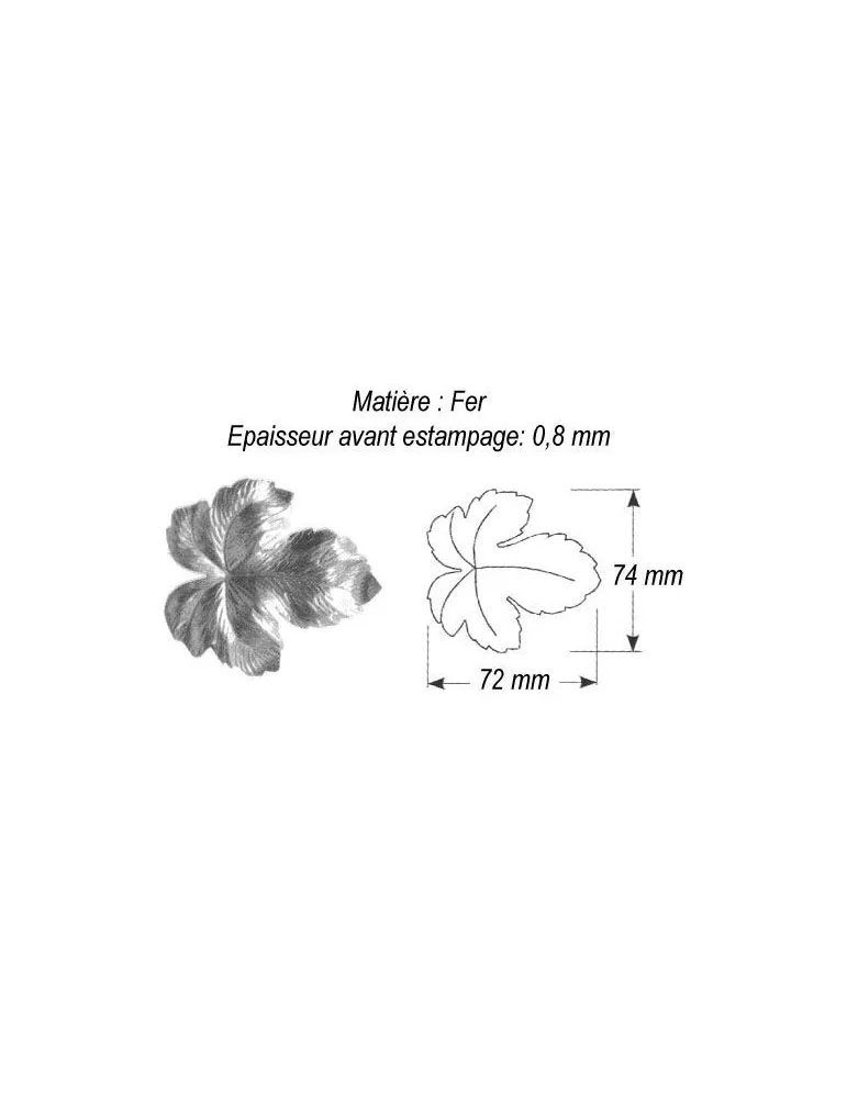 pièce élément ferronnier serrurier Feuille de Vigne 74 x 72 ACIER Ref: GVI072F2