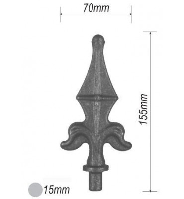 pièce élément ferronnier serrurier Pointe de lance fleur de lys avec épaulement et motif boule en hauteur 155 x 70 Diamètre 1...