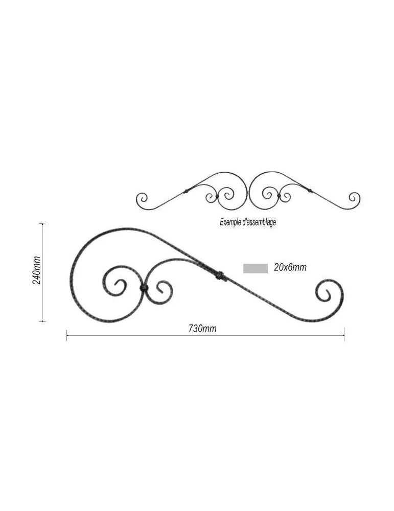 pièce élément ferronnier serrurier VOLUTE DECORATIVE LISSE 730x240 Section 20x6 ACIER FER FORGE Ref: F68.101