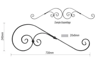 pièce élément ferronnier serrurier VOLUTE DECORATIVE LISSE 730x240 Section 20x6 ACIER FER FORGE Ref: F68.101