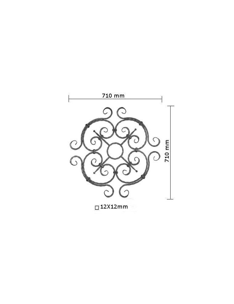 pièce élément ferronnier serrurier Element décoratif 710 x 710 Section 12x12 ACIER FER FORGE LISSE Ref: ROSAE2