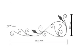 pièce élément ferronnier serrurier VOLUTE COURONNEMENT MARTELE 1630x530 Section 25x6 ACIER FER FORGE Ref: F68.107