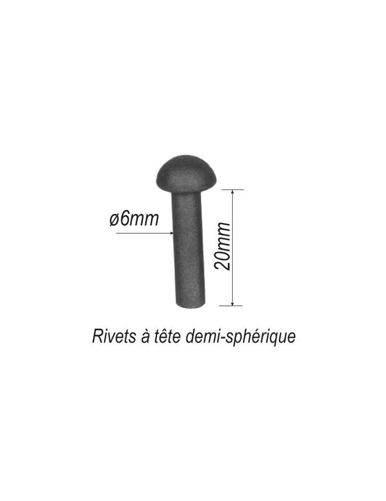 pièce élément ferronnier serrurier Rivet à tête demi-sphérique pour éléménts Longueur 20 Diamètre 6 ACIER Ref: RV6-20
