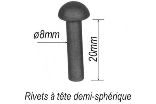 pièce élément ferronnier serrurier Rivet à tête demi-sphérique pour éléménts Longueur 20 Diamètre 8 ACIER Ref: RV8-20