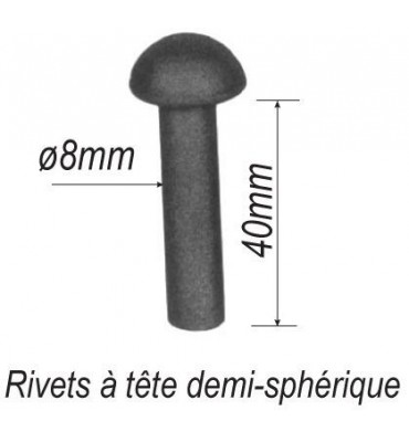 pièce élément ferronnier serrurier Rivet à tête demi-sphérique pour éléménts Longueur 40 Diamètre 8 ACIER Ref: RV8-40