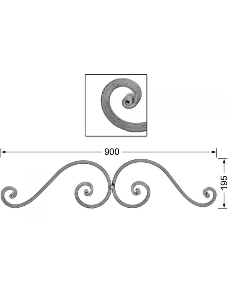 VOLUTE COURONNEMENT LISSE A NOYAU 900x195 Section 14 ACIER FER FORGE Ref: FP10