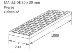 pièce élément ferronnier serrurier Caillebotis pressé galvanisé 200 x 1000 mm maille 30 x 30 Ref: BBCAILLEGALV200