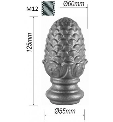 pièce élément ferronnier serrurier Tête de départ forme pomme de pin pour escalier 125 x 55 Diamètre 60 Taraudé M12 ACIER Ref...