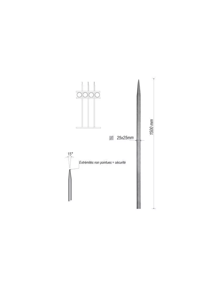 pièce élément ferronnier serrurier Barreau appointé CARRE Longueur 1500 Section 25x25 ACIER FER FORGE Ref: MT1L25-1500