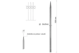pièce élément ferronnier serrurier Barreau appointé CARRE Longueur 1500 Section 25x25 ACIER FER FORGE Ref: MT1L25-1500