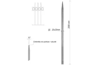 pièce élément ferronnier serrurier Barreau appointé CARRE Longueur 2000 Section 25x25 ACIER FER FORGE Ref: MT1L25-2000
